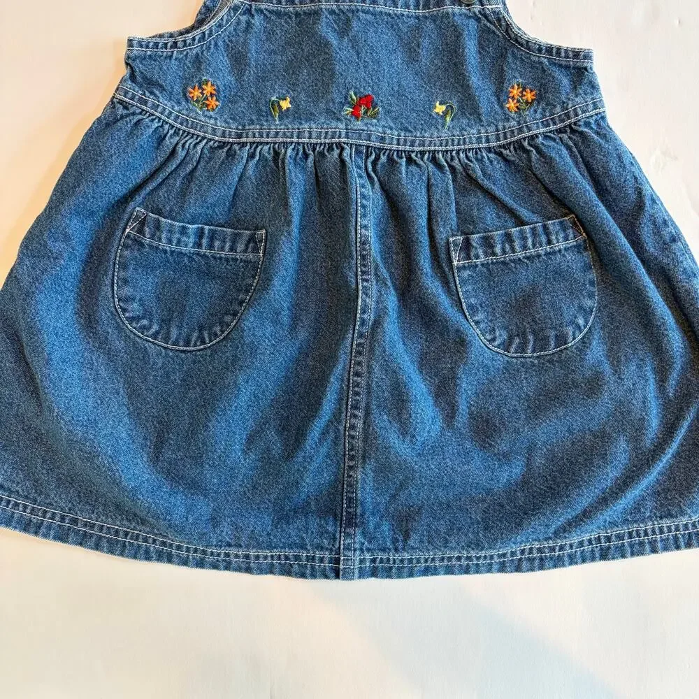 VTG 90s Gymboree Autumn Berries Blue Jean Denim Overall Dress Floral Embroidery